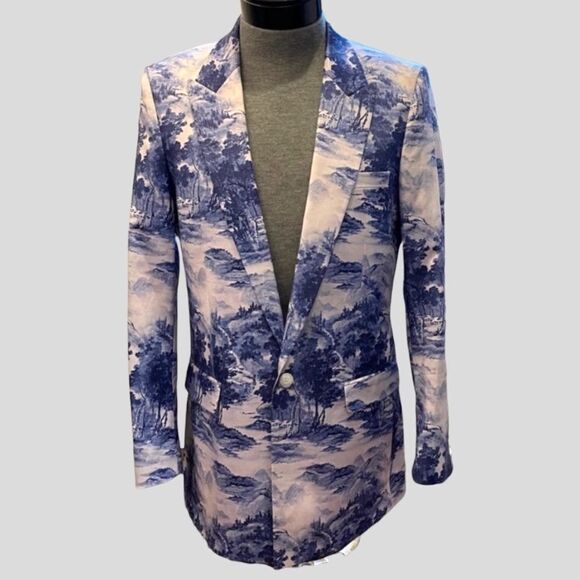 Blue Toile  Printed  Blazer - Picture 6 of 17